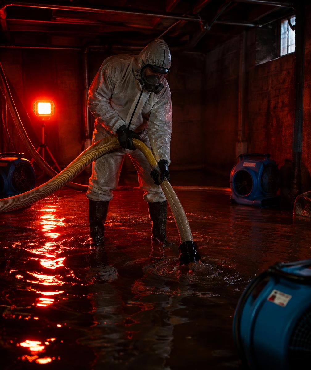 Restoration technician extracting standing water from a flooded Etobicoke basement